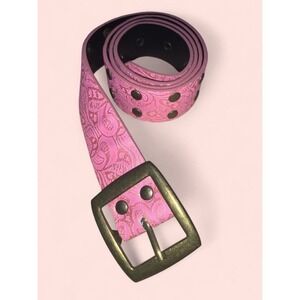 Vintage Pink Belt With Raised Gold Metallic Detailing And Brass Belt Buckle
